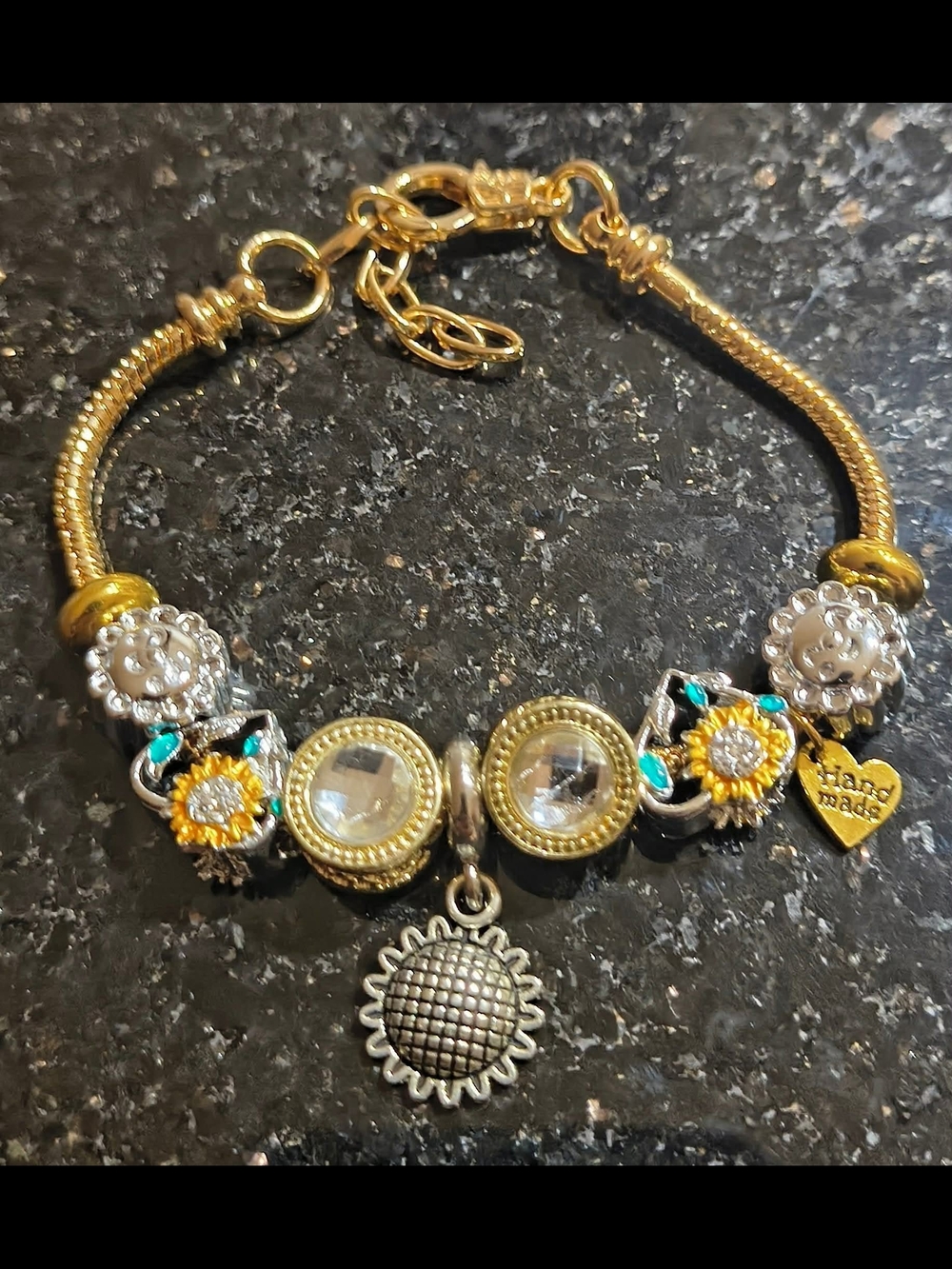 Handmade Gold-Tone Sunflower Charm Bracelet with Clear Crystals